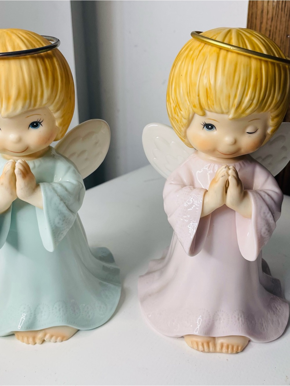 Vintage Porcelain Praying Angel Figurines Pastel Golden Halos